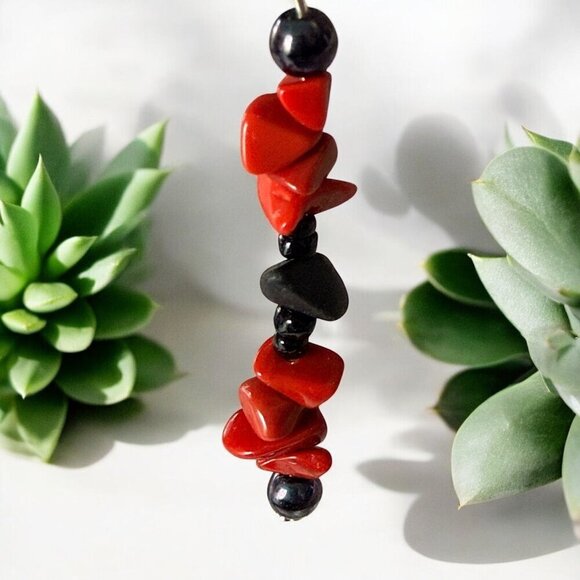 REIMAGINED Red Coral Obsidian Bracelet Earring Set Stainless Steel - Picture 2 of 7